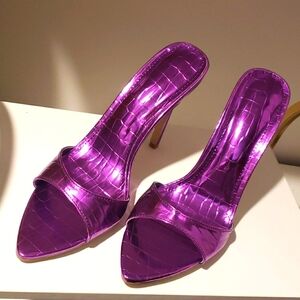 Open back, open toe metallic purple crocodile print 4 inch heels